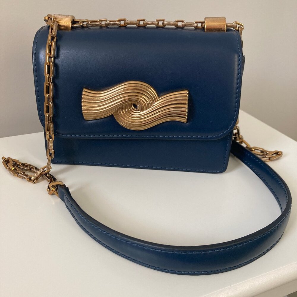 Zara navy boxy purse with gold tone crossbody chain